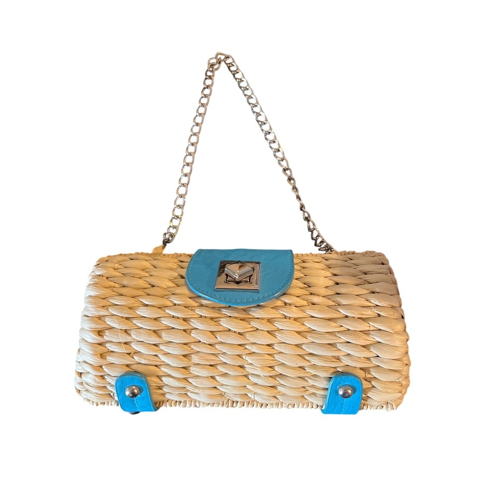 Woven Straw Clutch Bag‎ Turquoise Trim Silver Chain Strap Summer Beach Bag